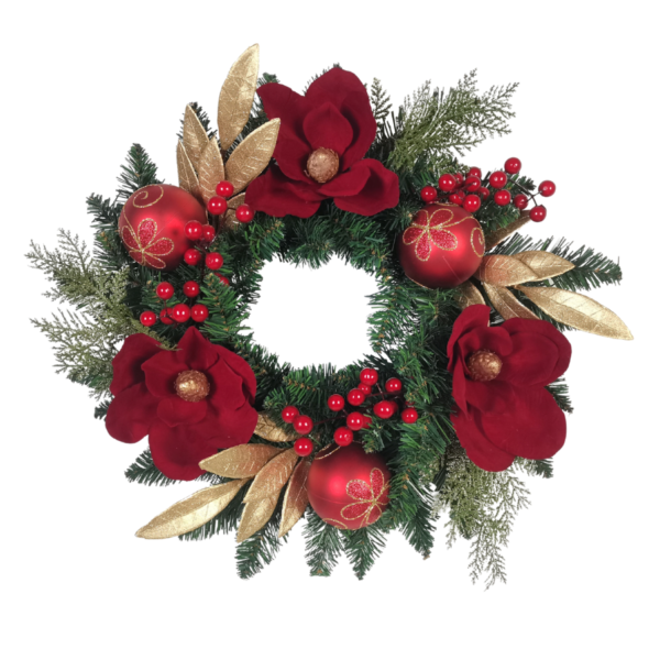 45cm Wreath with Red Flowers, Baubles, and Berries