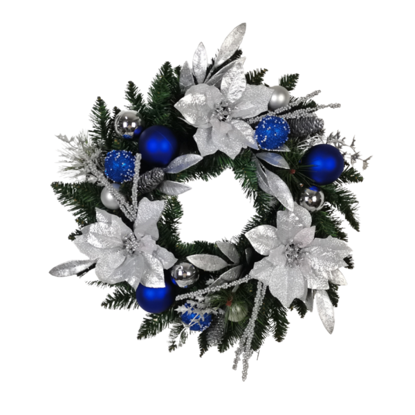 45cm Wreath with Silver Flowers and Blue Baubles