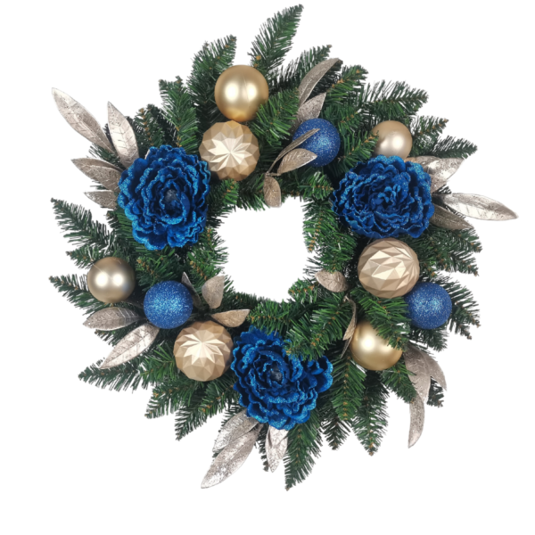 45cm Wreath with Blue Flowers and Golden Baubles